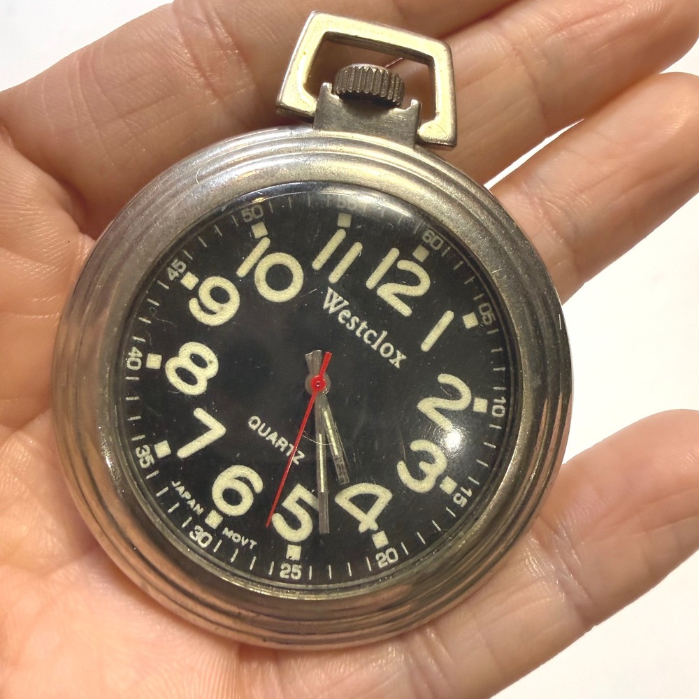Westclox Quartz Pocket Watch Black Dial Silver Case Japan Large Works Numerals